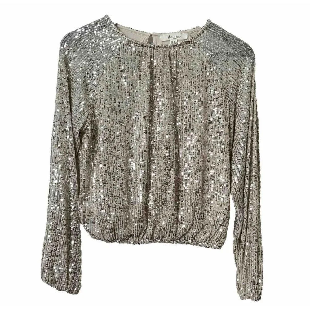 Haver & Blair Silver Sequin Sparkling Long Sleeve Top Party XS Date‎ Night